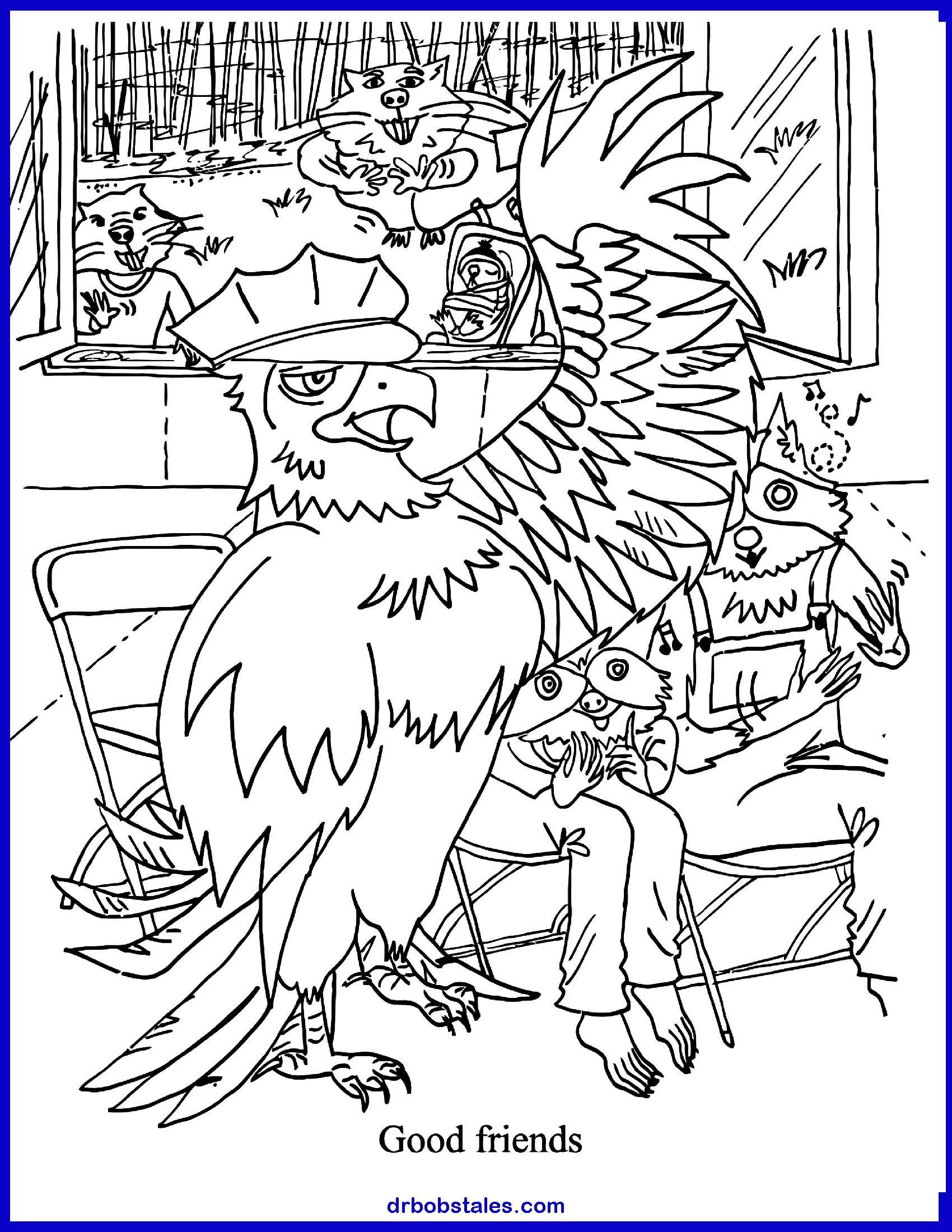 An anthropomorphic eagle wearing a police hat sits with friends in a detailed, sketchy black and white illustration.