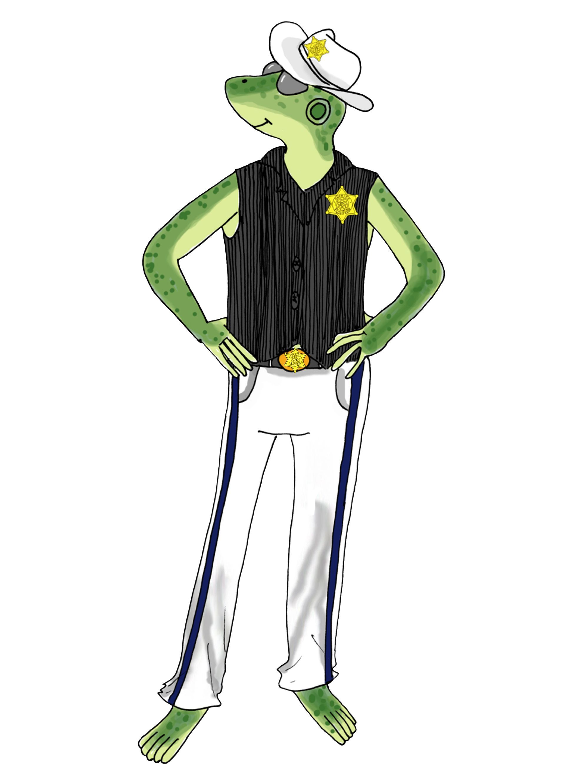 Green lizard sheriff in white pants, black vest, and a white hat.