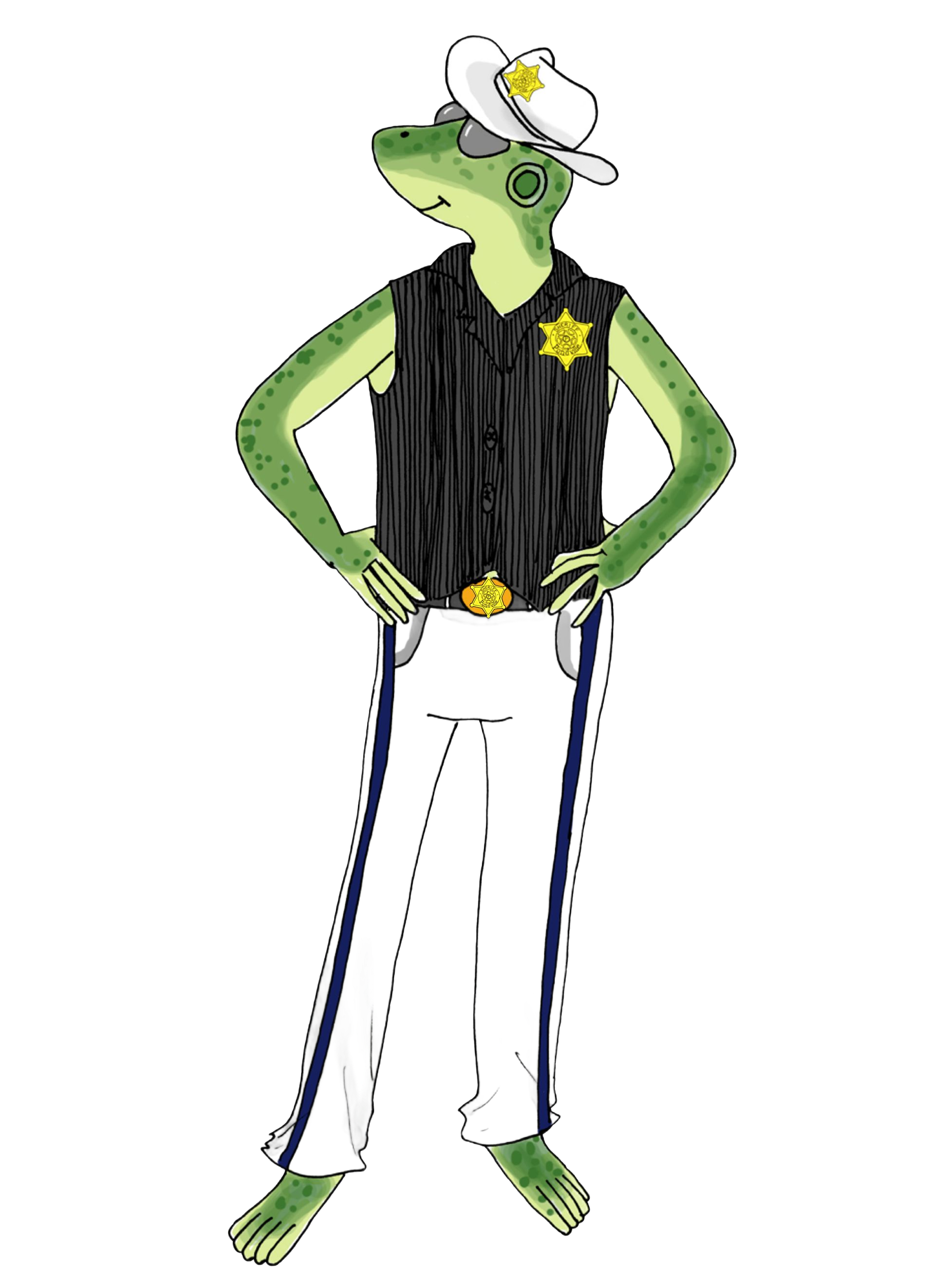 A green lizard in a sheriff's uniform, standing with hands on hips.