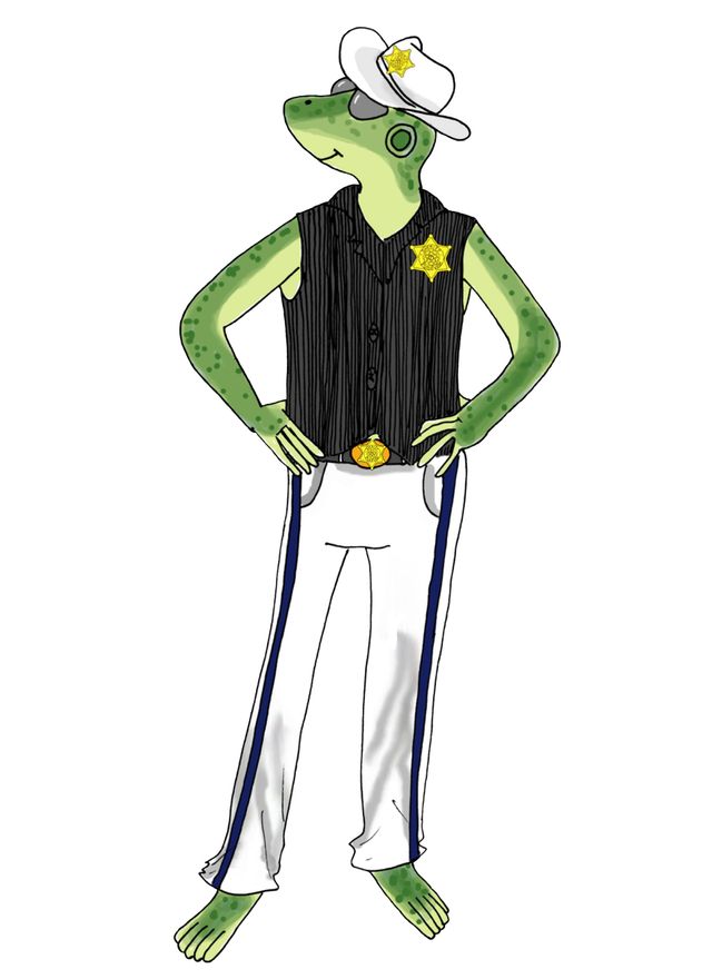 Green lizard sheriff in white pants, black vest, and a white hat.
