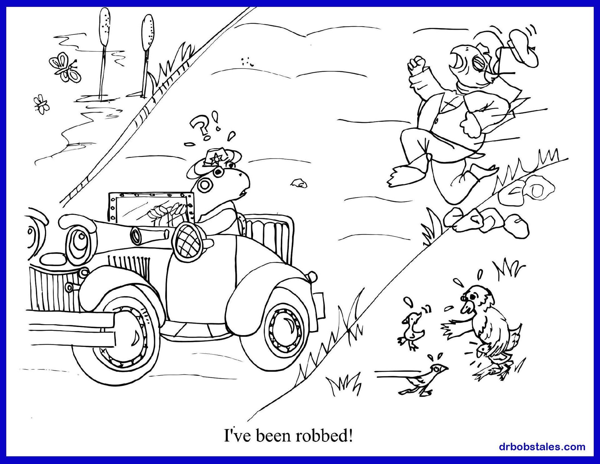 Dinosaur robbed! A running boy and a car with a surprised dinosaur driver in a marshy area.