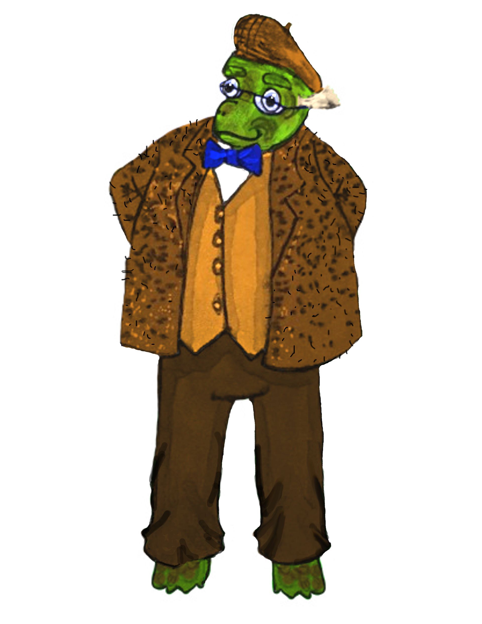 A turtle in tweed suit, beret, and glasses; hands behind back.