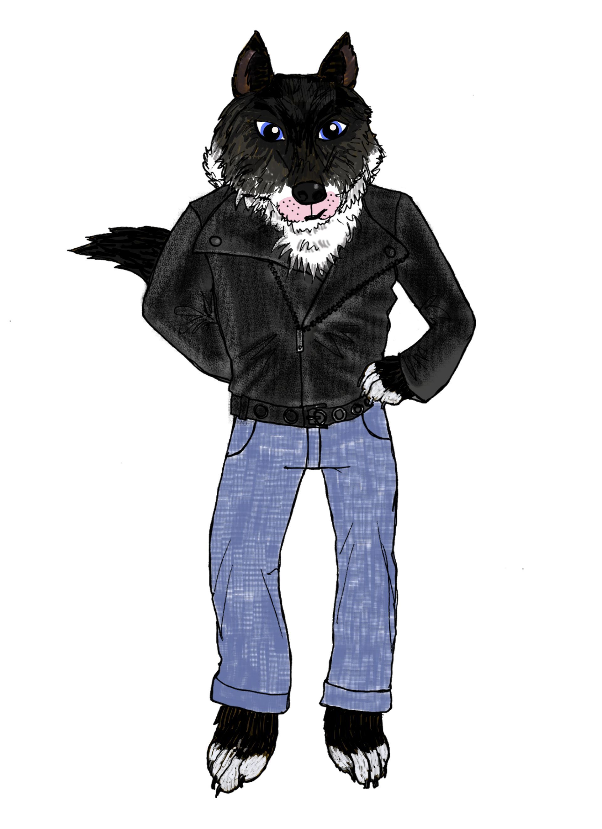Cartoon wolf wearing a black jacket and jeans, standing with one hand on hip.