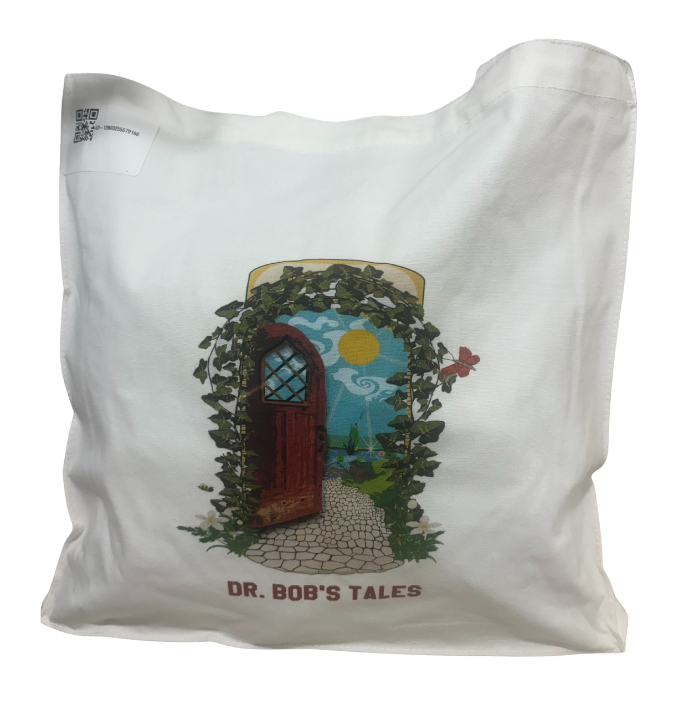 White tote bag with a colorful illustration of an open door in an ivy archway, with the text
