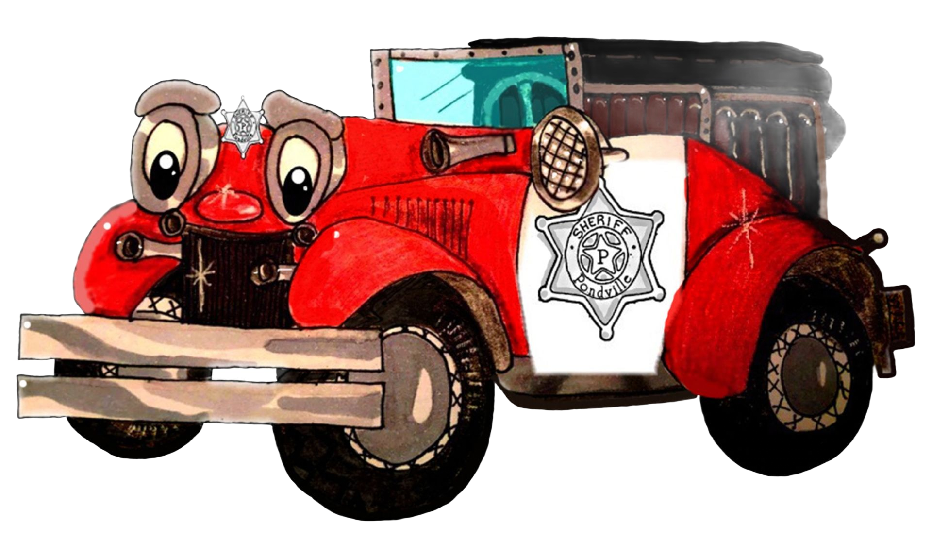 Cartoon red sheriff car with expressive eyes and a badge on the door.