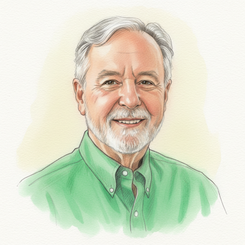 Smiling man with gray hair and beard wearing a green button-down shirt.