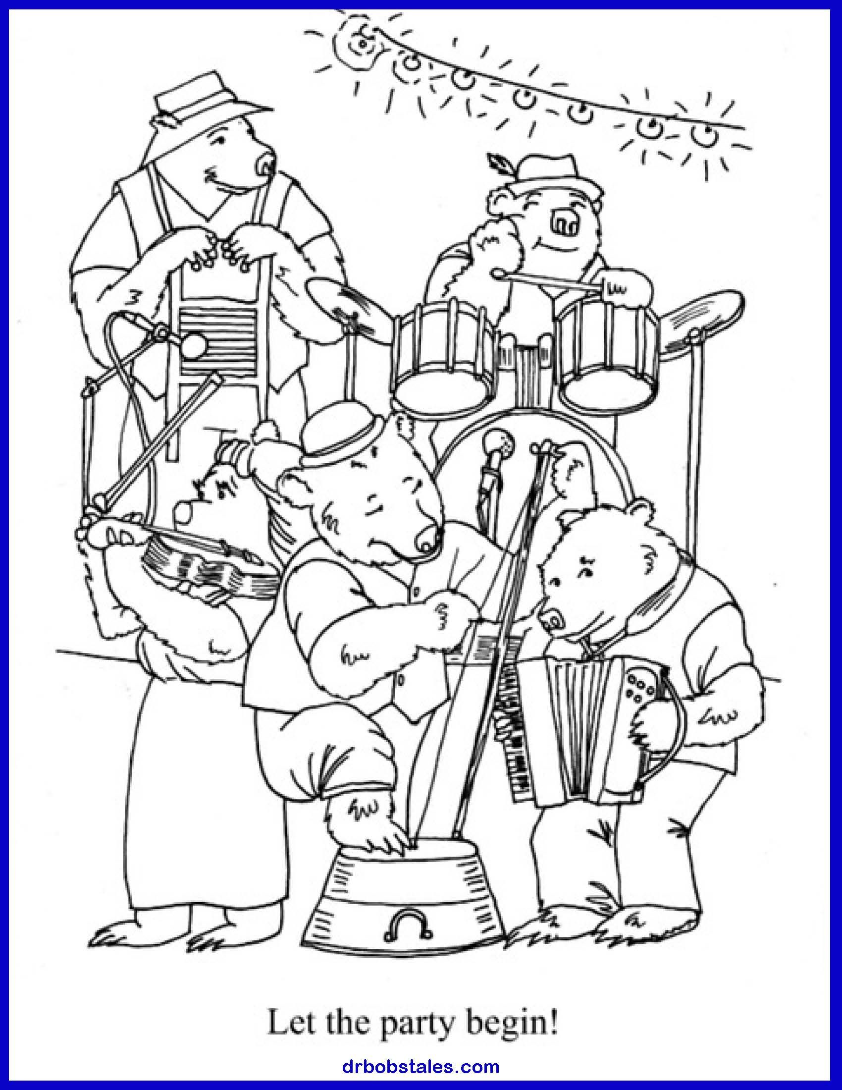 A band of bears in lederhosen playing instruments, string lights overhead; 