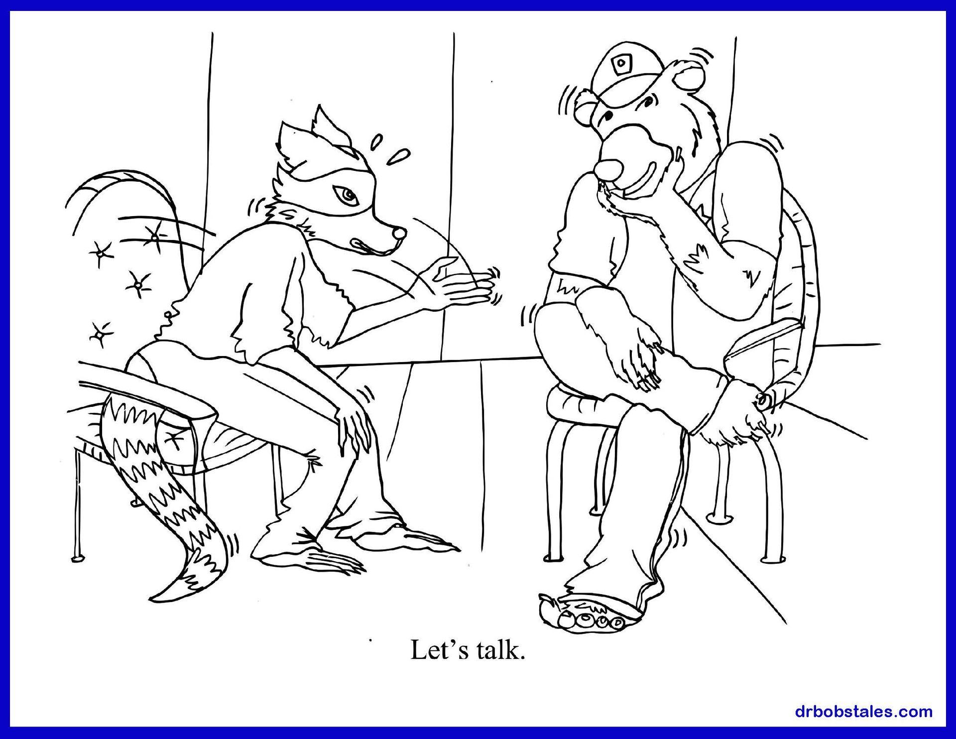 Two anthropomorphic animals (fox and bear) at a table, talking. Fox appears anxious, bear looks thoughtful. 