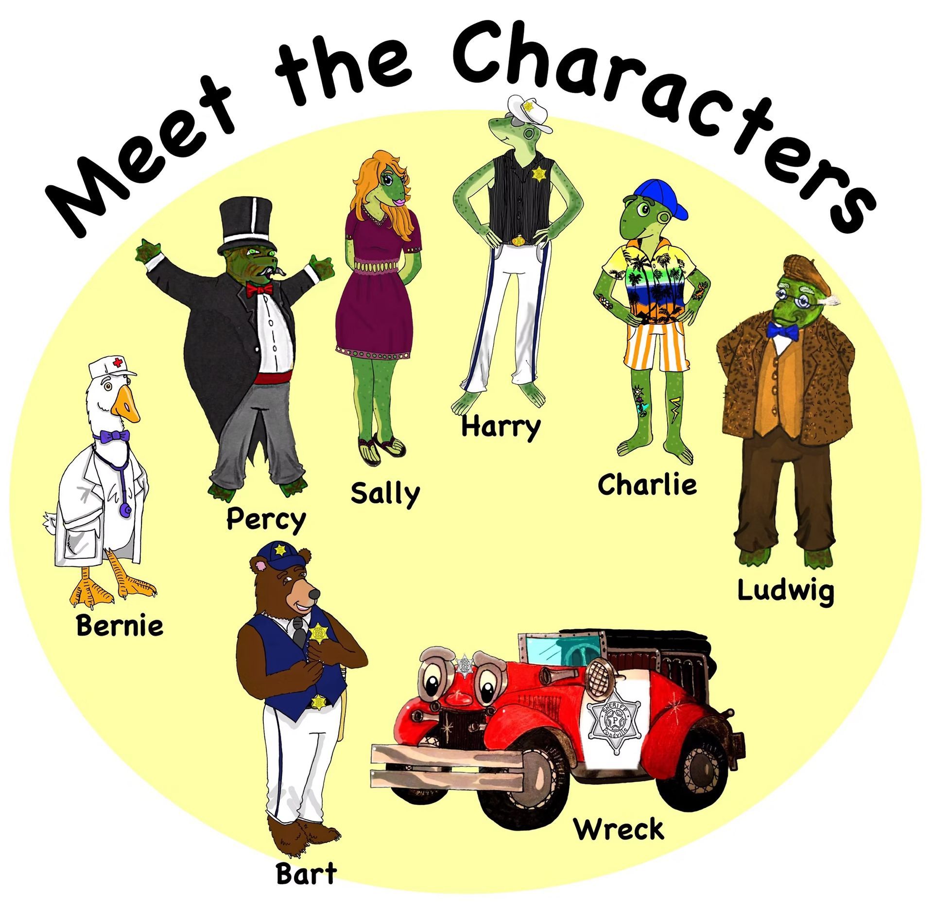 Characters: Bernie the goose, Percy the toad, Sally the toad, Harry the frog, Charlie the frog, Ludwig the toad, Bart the bear, and Wreck the car.