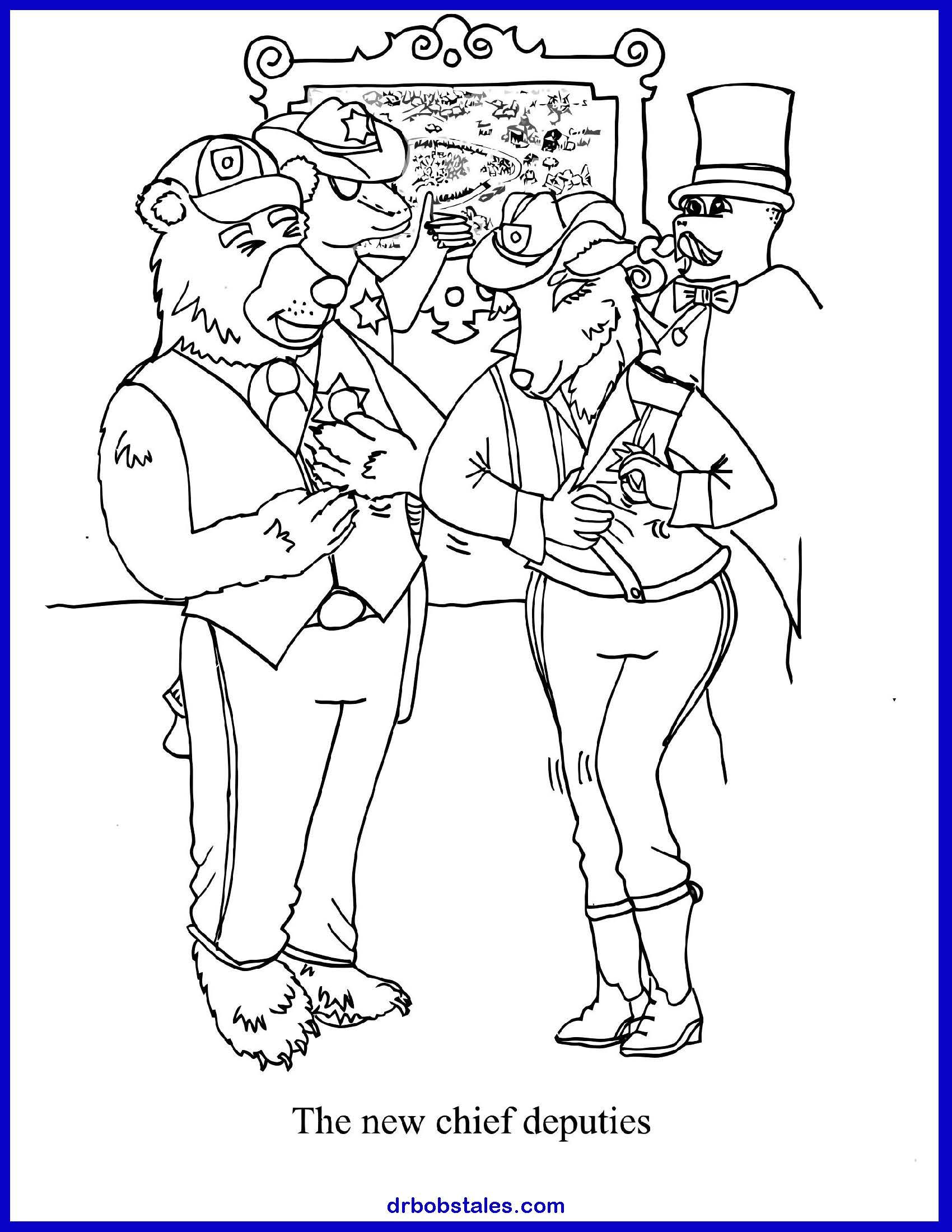 Two animal deputies, a bear and pig, in formal wear.
