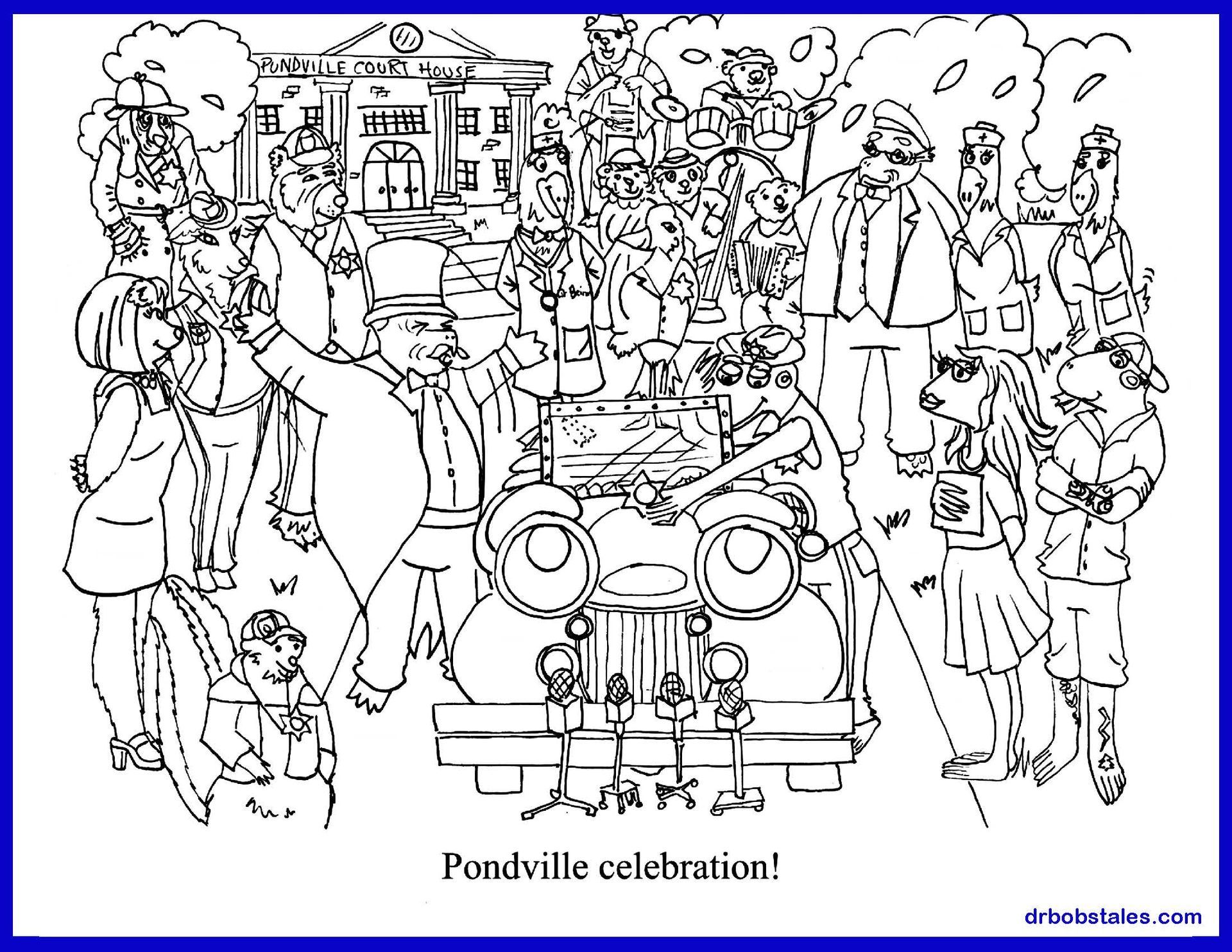 Pondville celebration: People gathered near a vintage car in front of a building, likely a town hall.