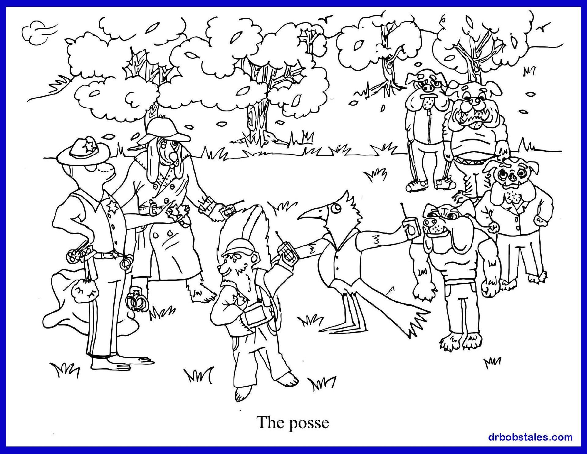 Cartoon: A group of anthropomorphic animals and figures, standing in a grassy area, labeled 
