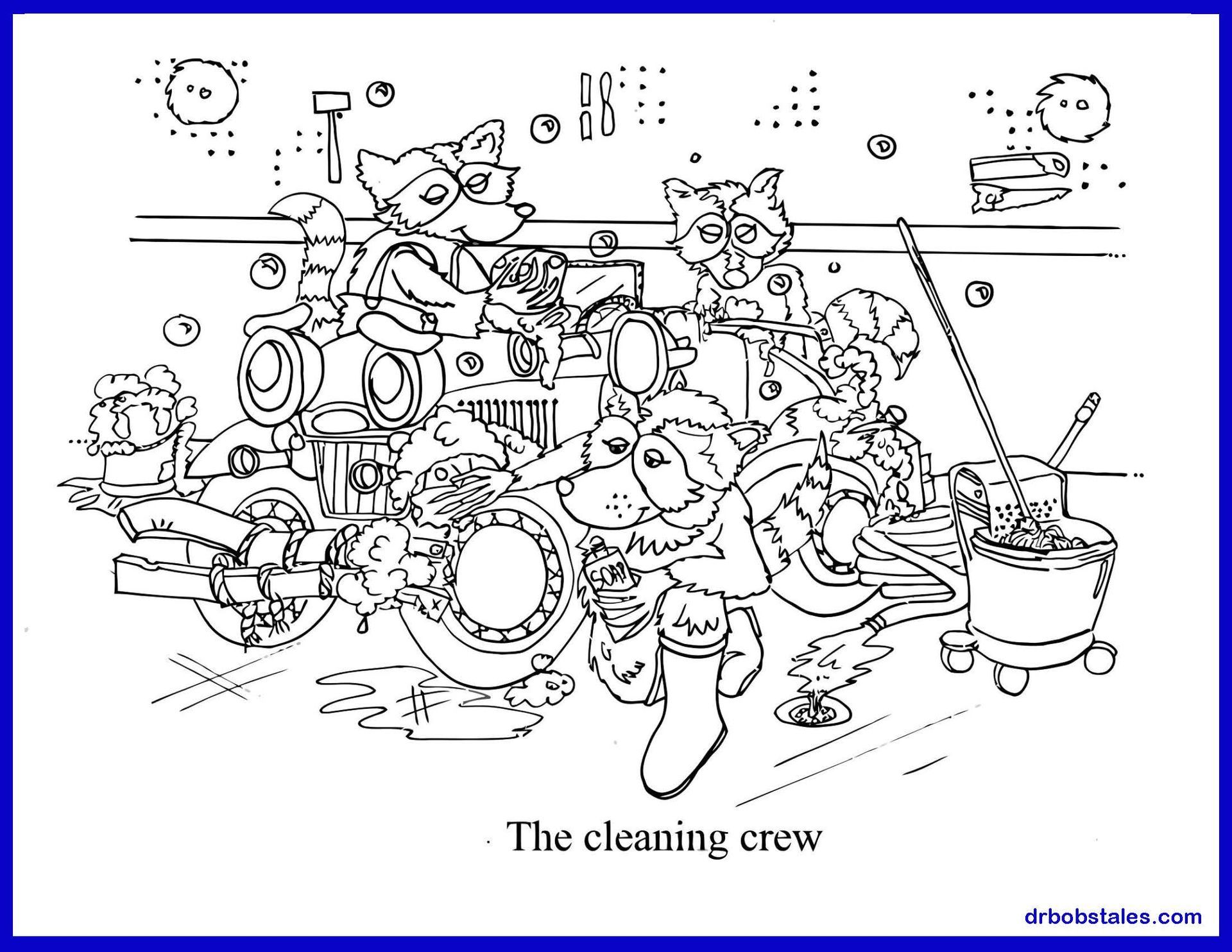 A cartoon depicts a fox and raccoon cleaning a mess with a crew of animal helpers.