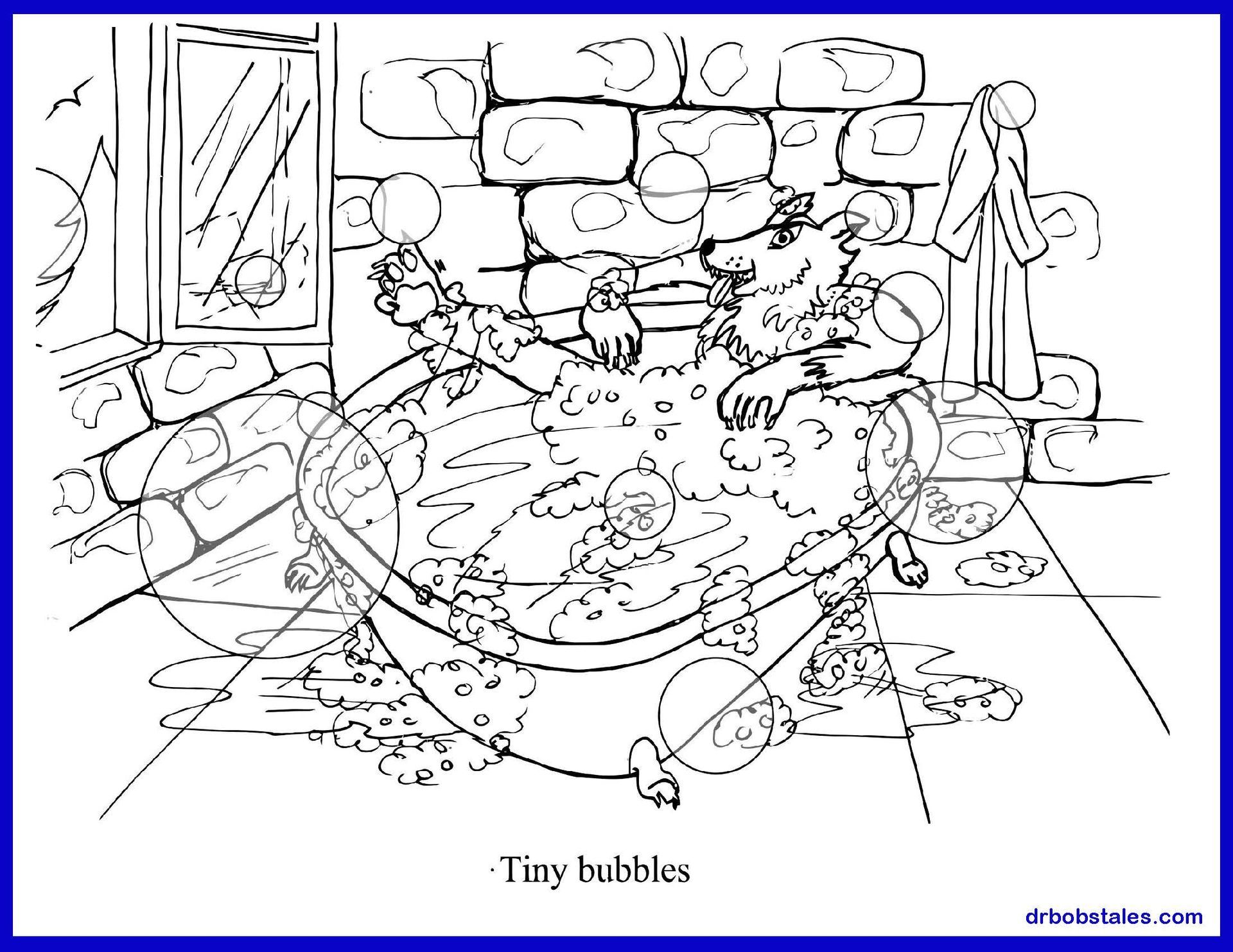 Wolf relaxing in a bubble bath, surrounded by bubbles and stone walls.