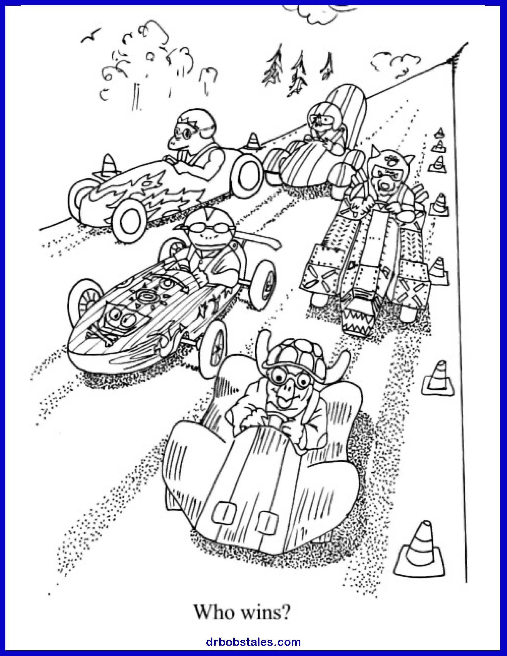 Race with animal drivers in go-karts. Who wins? Racing on a road with cones and trees.