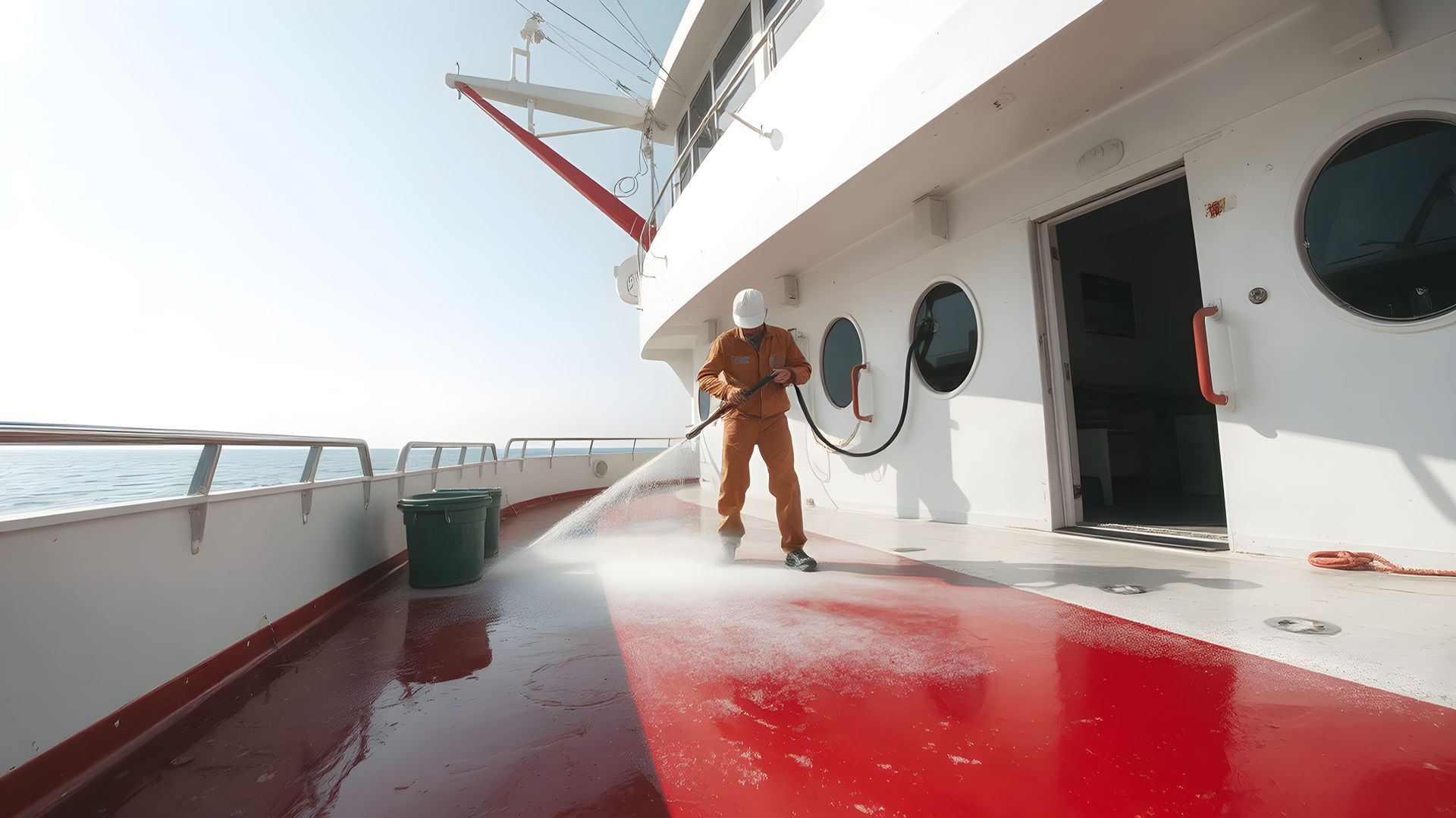 A man is cleaning the deck of a boat with a high pressure washer.