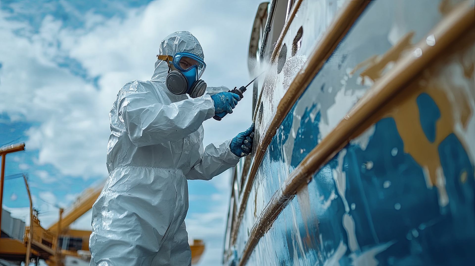 A man in a protective suit is painting a wall.