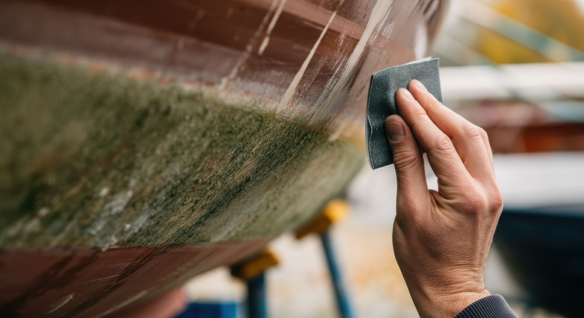 A person is sanding a boat with a sanding block.