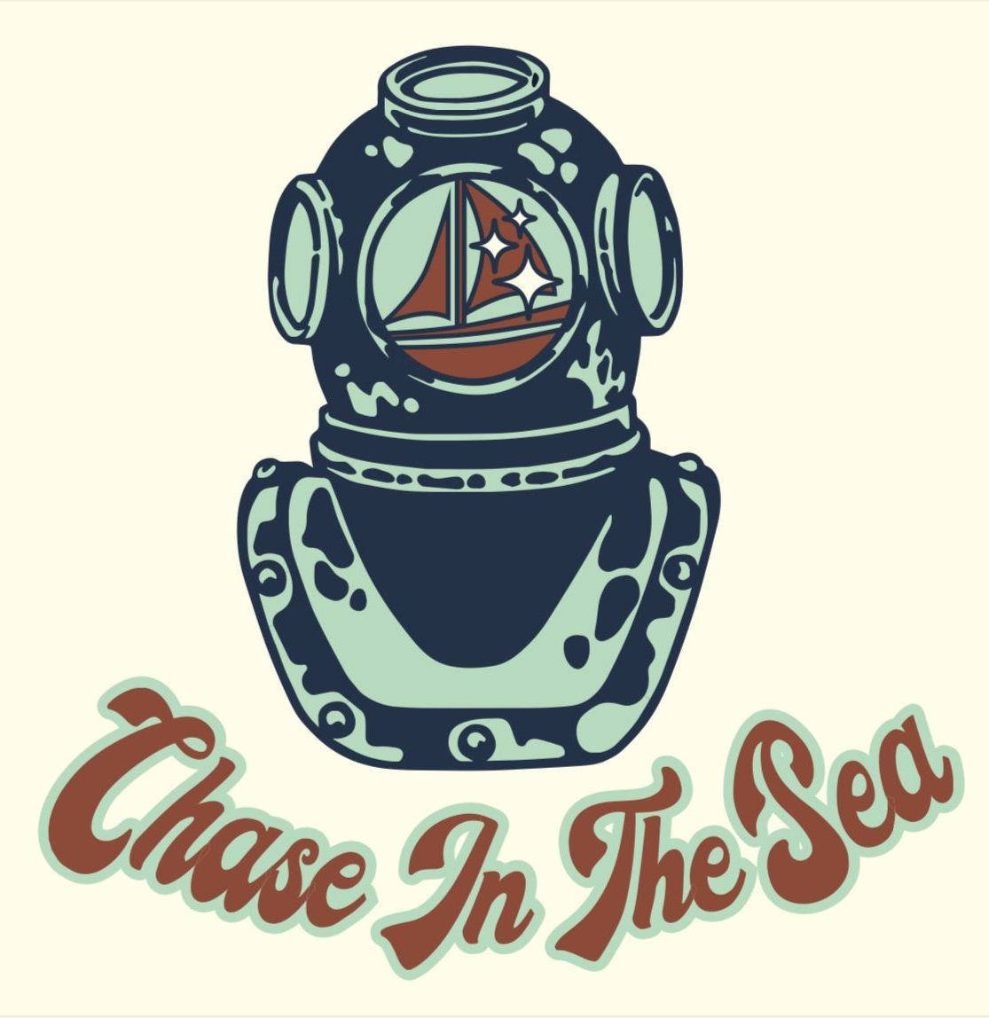 A diving helmet with a sailboat on it and the words chase in the sea