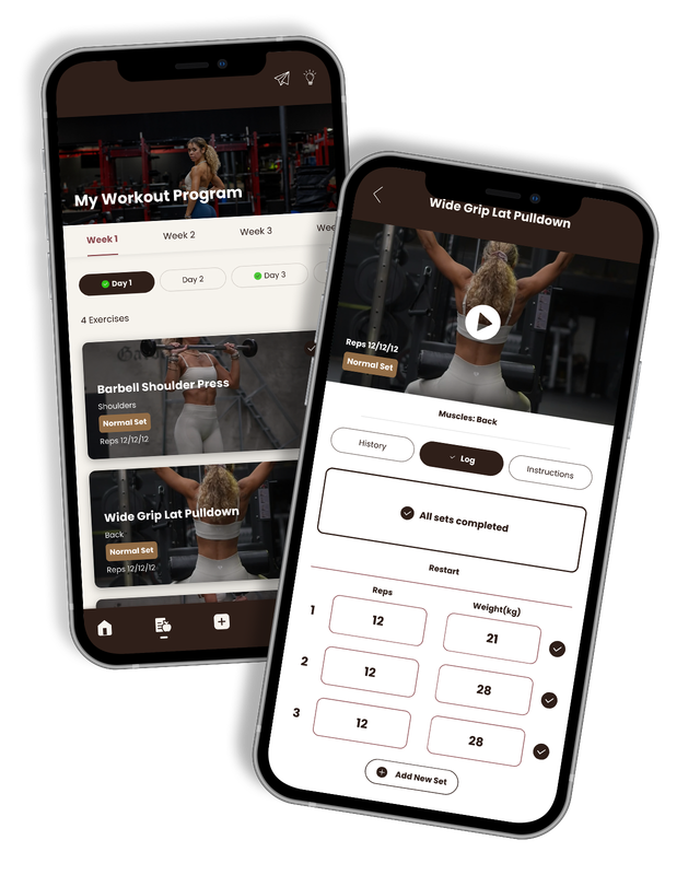 Two smartphones displaying a workout app with exercise videos and program progress.