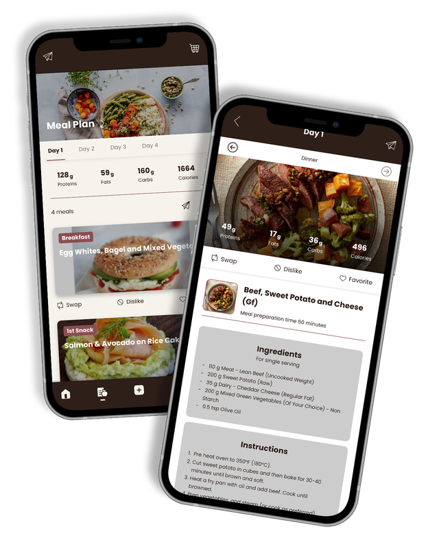 Two smartphones displaying a workout app with exercise videos and program progress.
