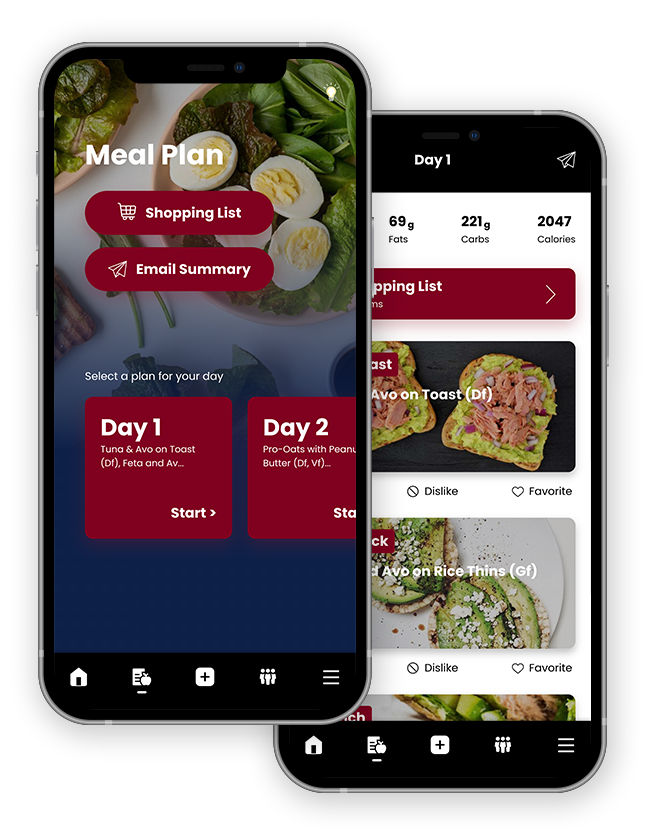 A meal plan app is displayed on two phones.