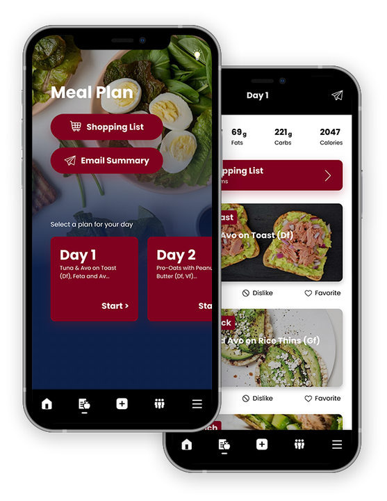 A meal plan app is displayed on two phones.