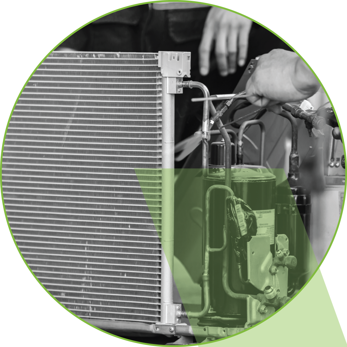 A green circle with a person working on a machine