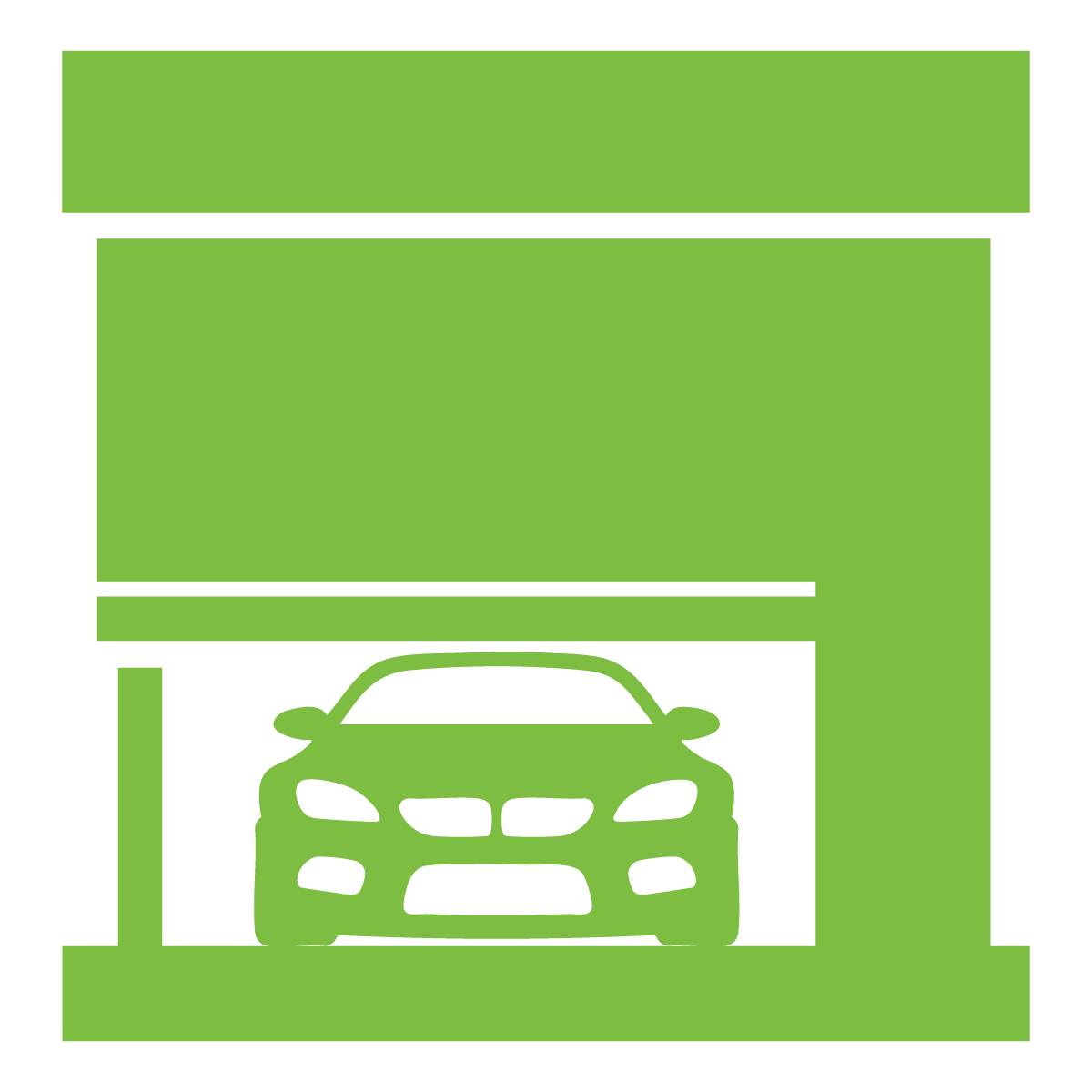 A car is parked in a green garage.
