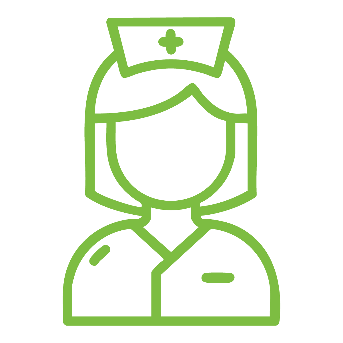 A green line icon of a nurse with a cross on her hat.
