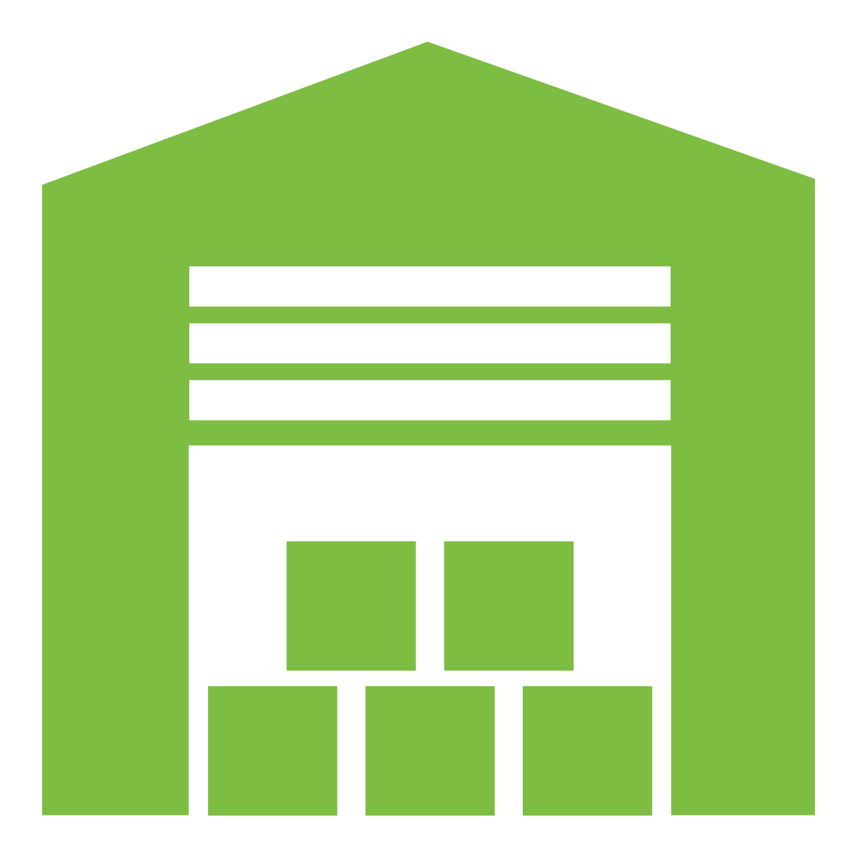 A green warehouse icon with a white door and a bunch of squares in it.