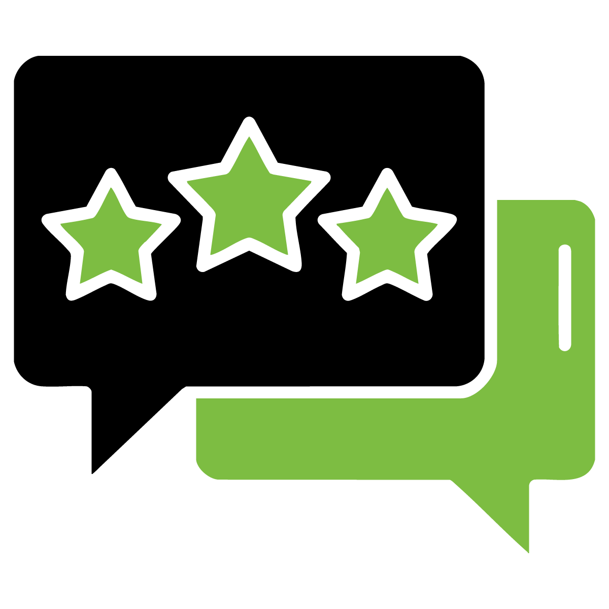 A black and green speech bubble with three green stars on it.