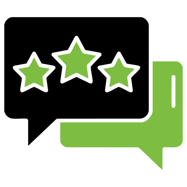 Green and black chat bubbles with three green stars, suggesting a review rating icon