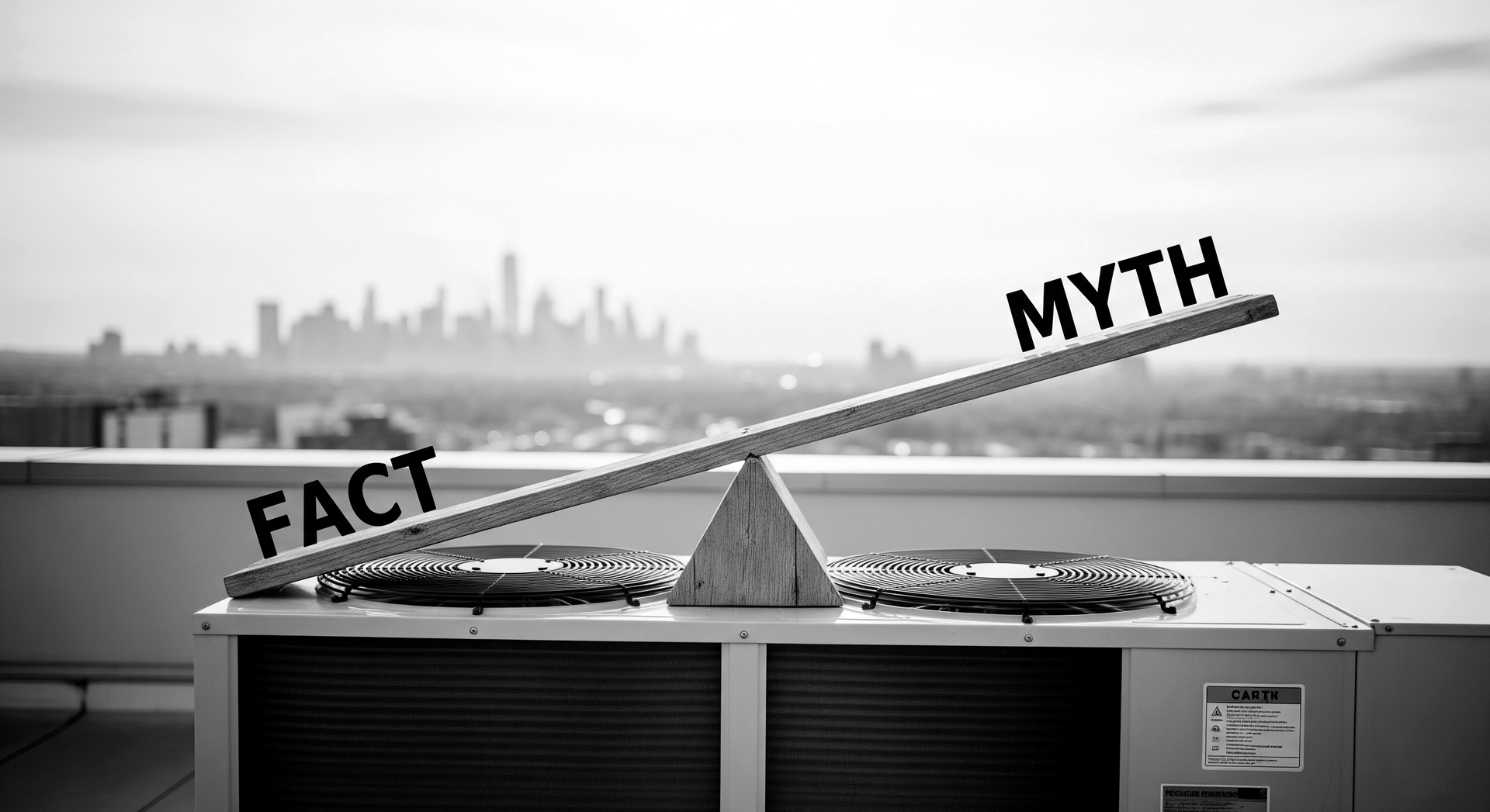 A black and white photo of a seesaw with the words fact and myth on it.
