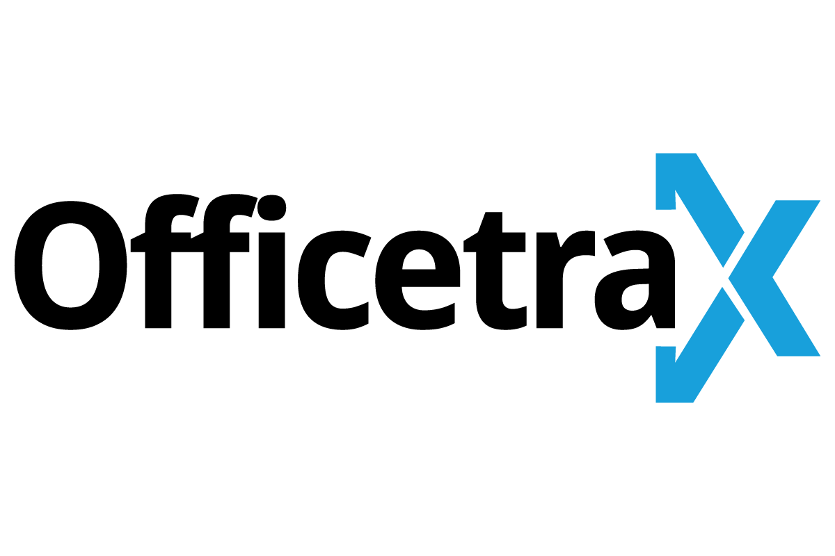 The logo for officetrax is black and blue on a white background.