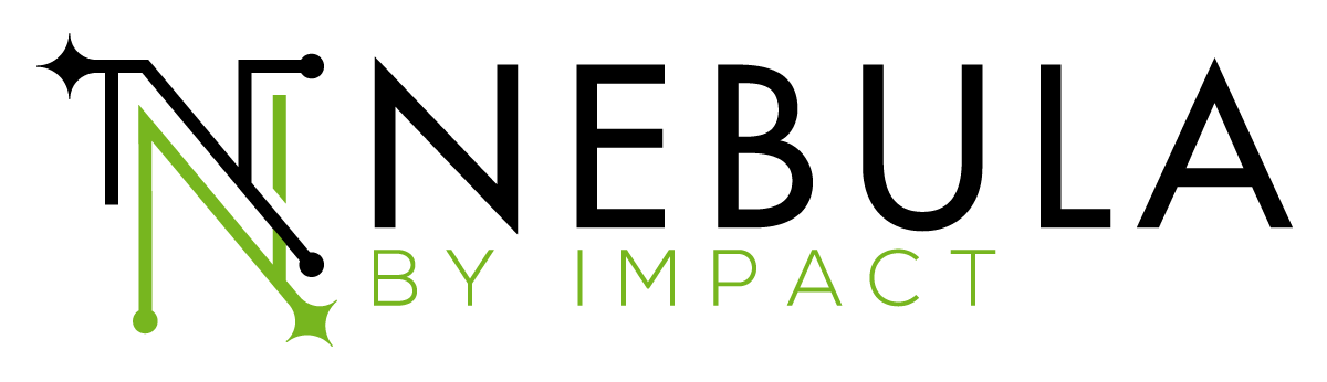 The logo for nebula by impact is black and green on a white background.