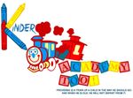 Logo for Kinder Academy Too with a crayon-shaped K, a cartoon train, and the scripture Proverbs 22:6.