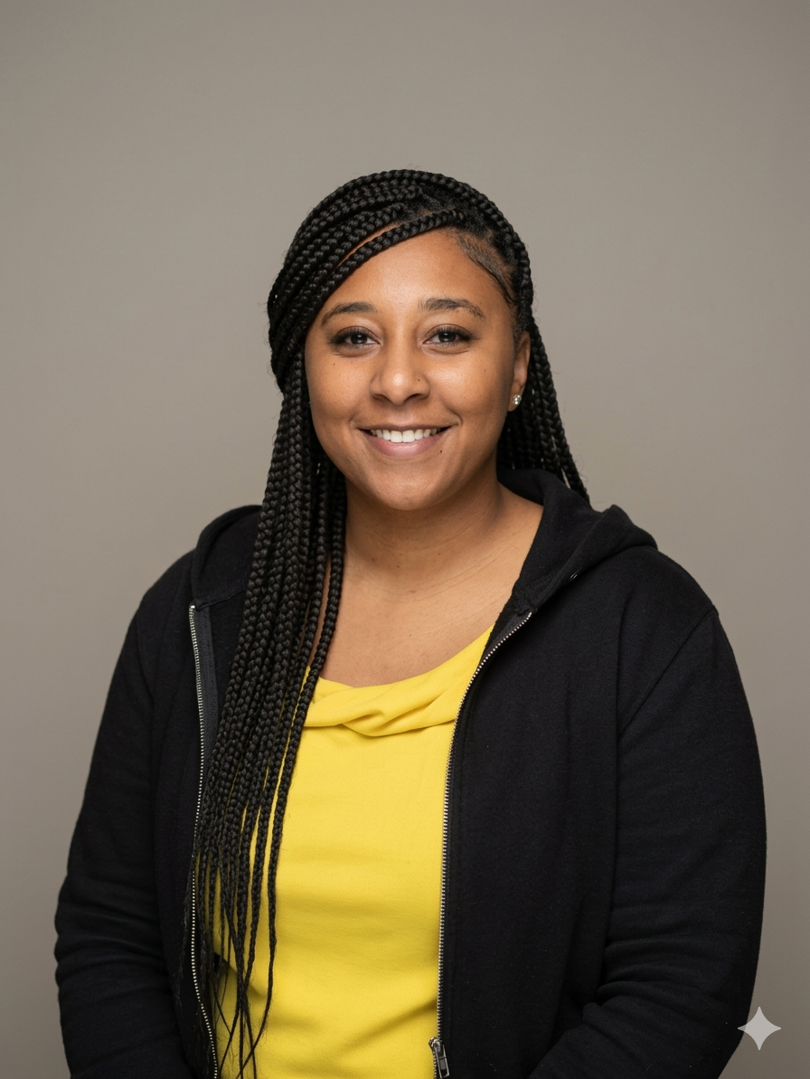 A smiling person with long, dark braided hair wearing a yellow shirt and black zip-up hoodie against a grey background.