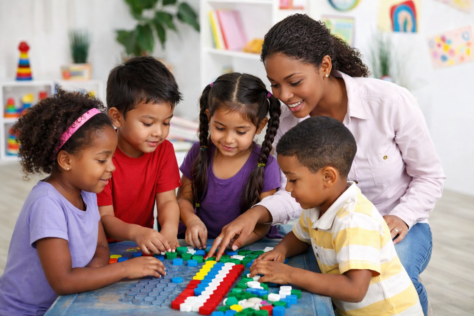 A teacher and four children playing with colorful counting blocks on a blue tabletop in a classroom setting.