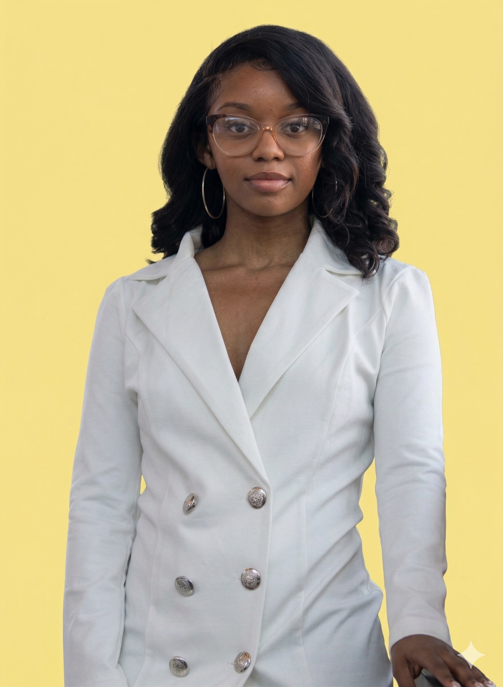 A person wearing a white, double-breasted blazer and glasses, centered against a solid yellow background.