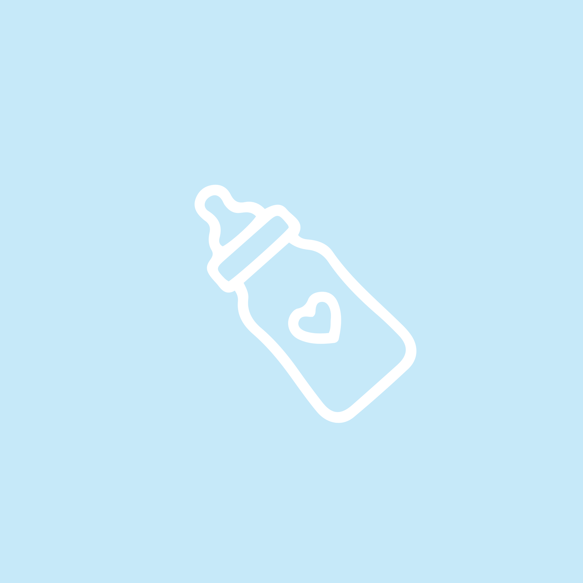 A white line drawing of a baby bottle with a small heart icon on its side, set against a light blue background.