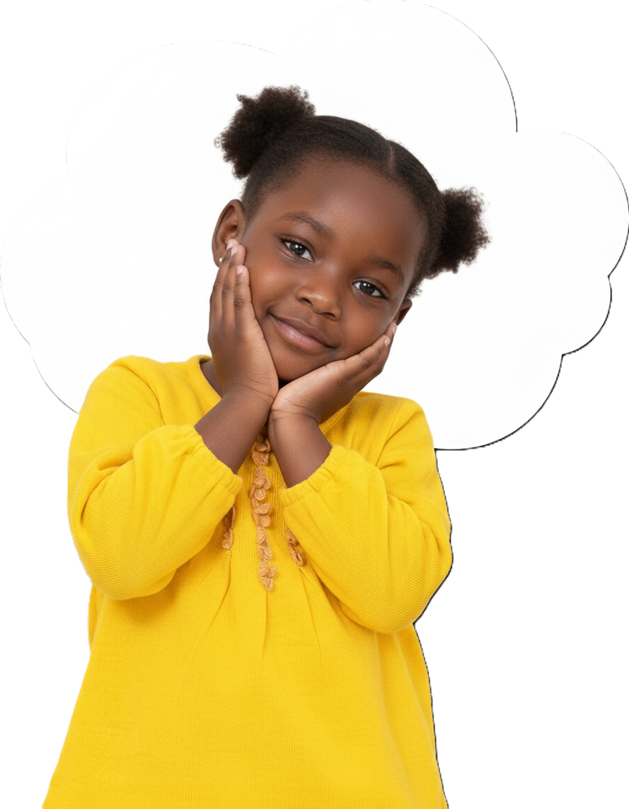 A child wearing a yellow long-sleeved shirt, resting their chin on both hands with a gentle smile.
