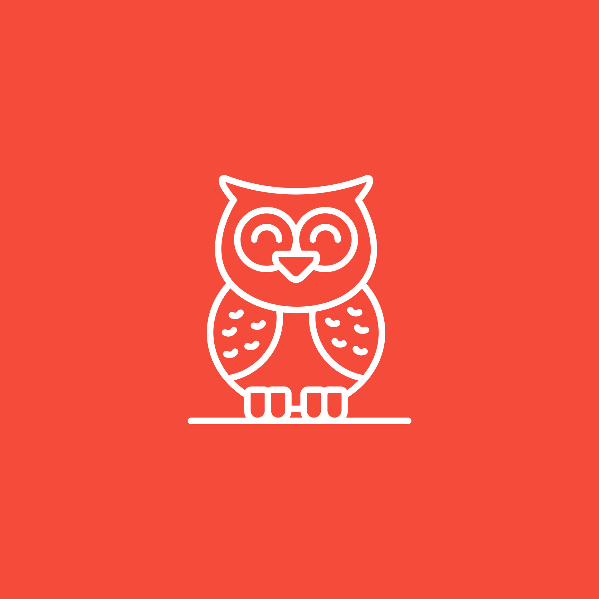 A white line-art icon of a smiling owl perched on a line against a solid orange background.