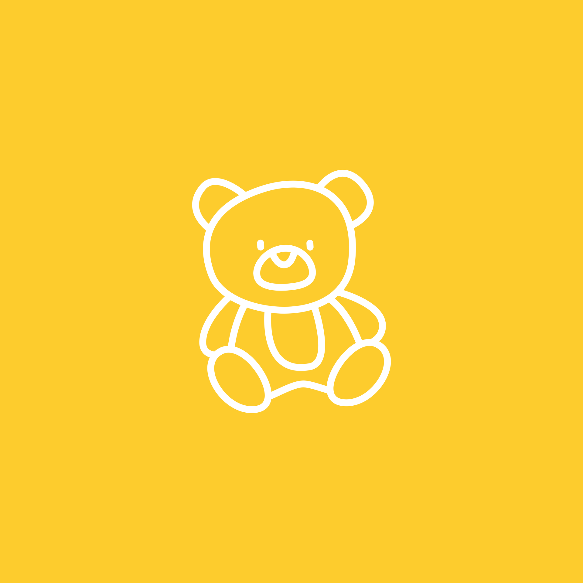 A simple white line drawing of a teddy bear centered on a solid yellow background.