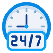 An icon of a clock that says 24/7 on it