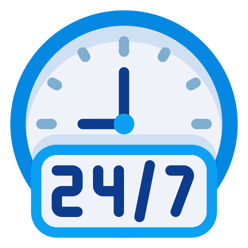 An icon of a clock that says 24/7 on it