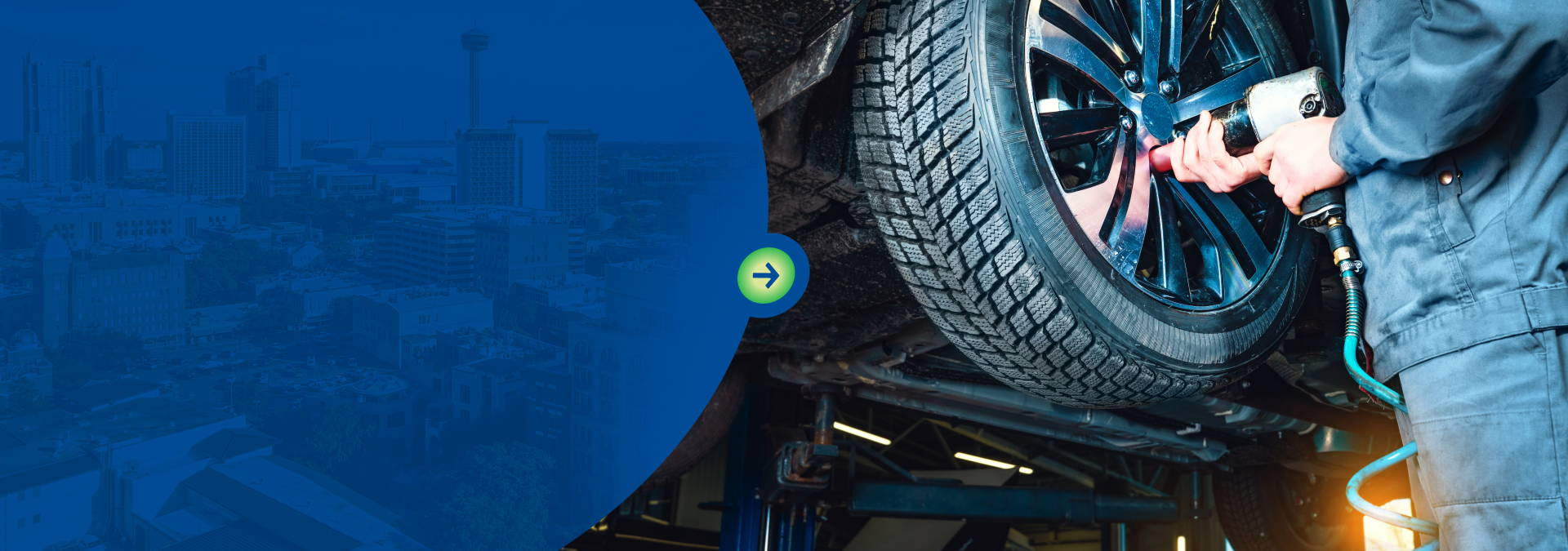 A technician in dark clothing uses a power tool to tighten a lug nut on a car wheel elevated in a repair shop.