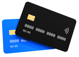 A black credit card layered over a blue credit card on a white background.