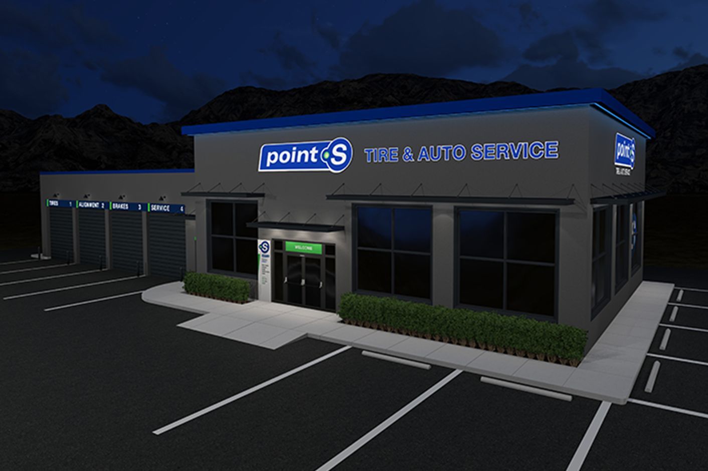 A 3D rendering of a Point S Tire & Auto Service center at night, featuring a grey building with blue signage and bays.