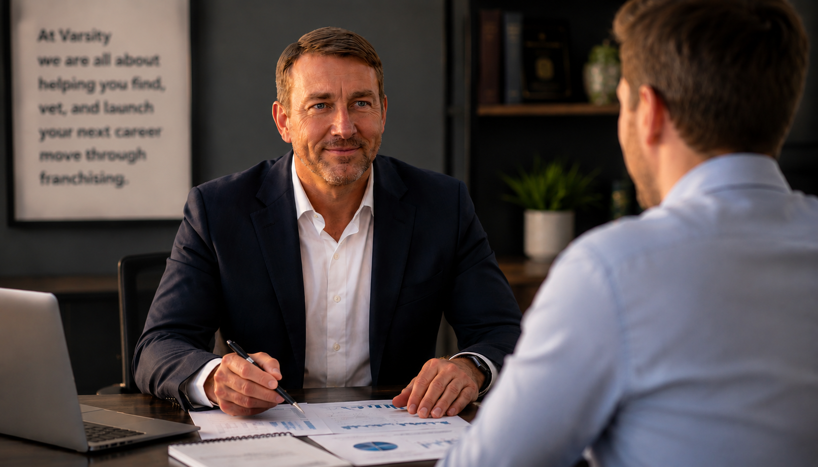 Two men in a business meeting across a desk, with documents and a laptop in a modern office.
